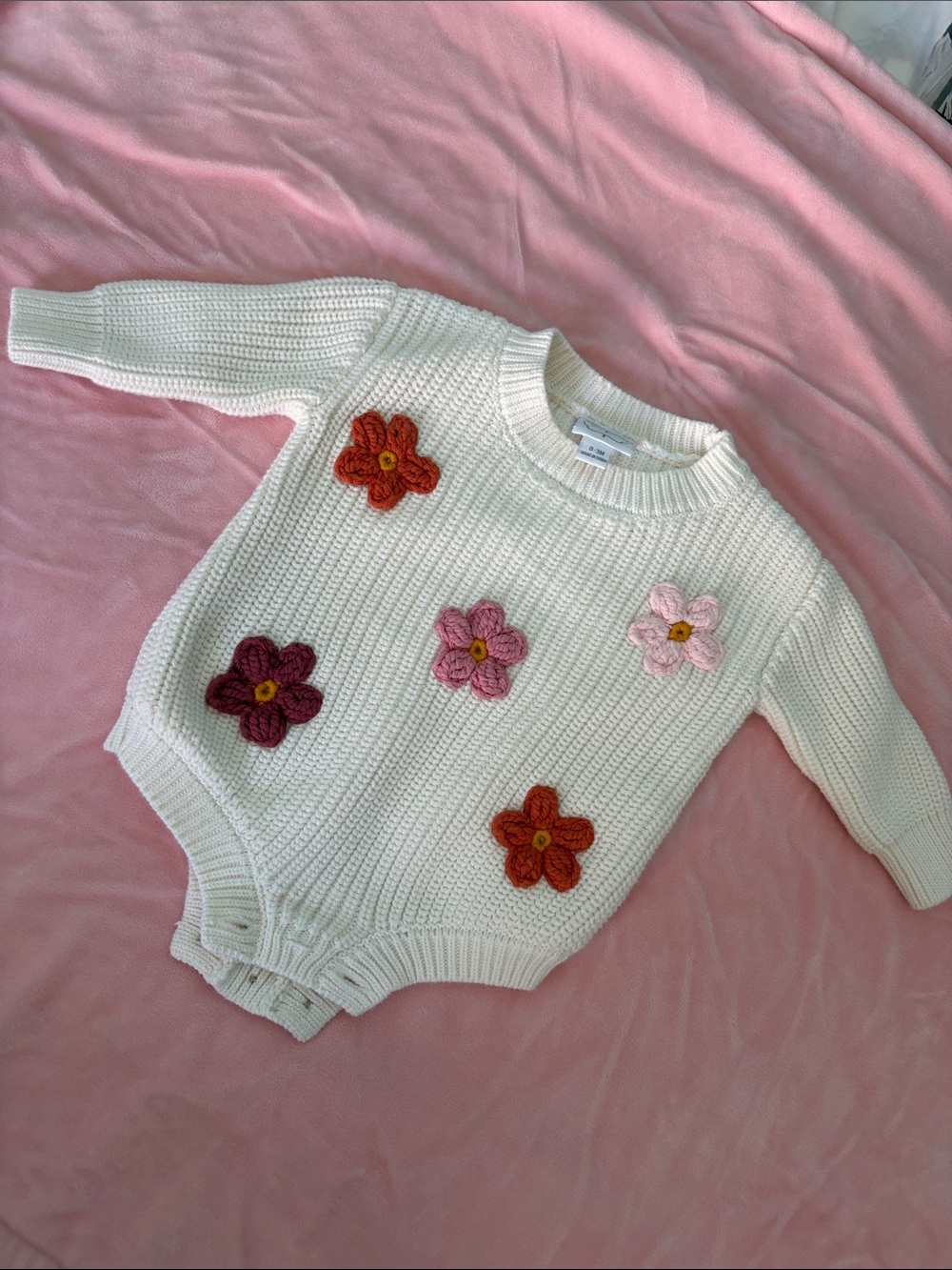 Mud Pie Cream Knit Floral Appliqué One-Piece with Pink and Orange Flowers
